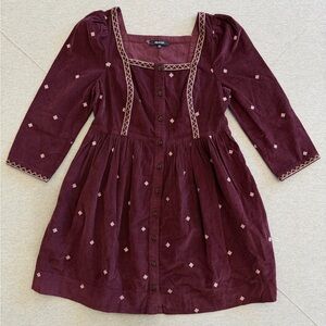 Madewell Burgundy Embroidered Corduroy Dress